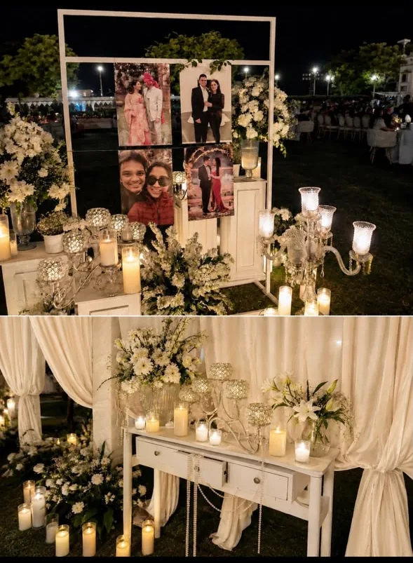 Candlelit memory wall and guest detail
